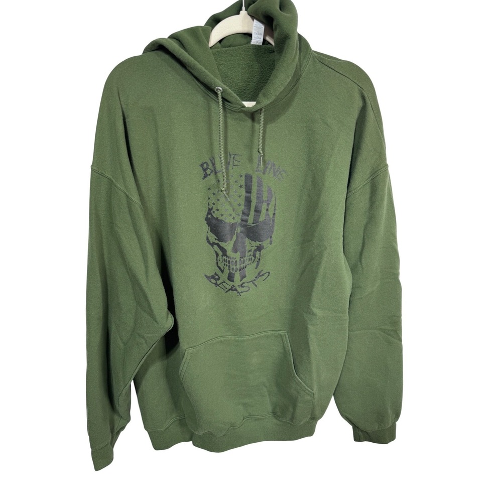 Jerzees 2XL Green Hoodie Women's Military Blue Line Beasts Skull Graphic